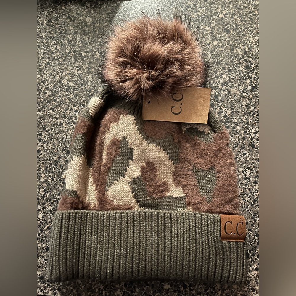 C.C  Camo Beanie with Pom Pom - Brown and Green NWT